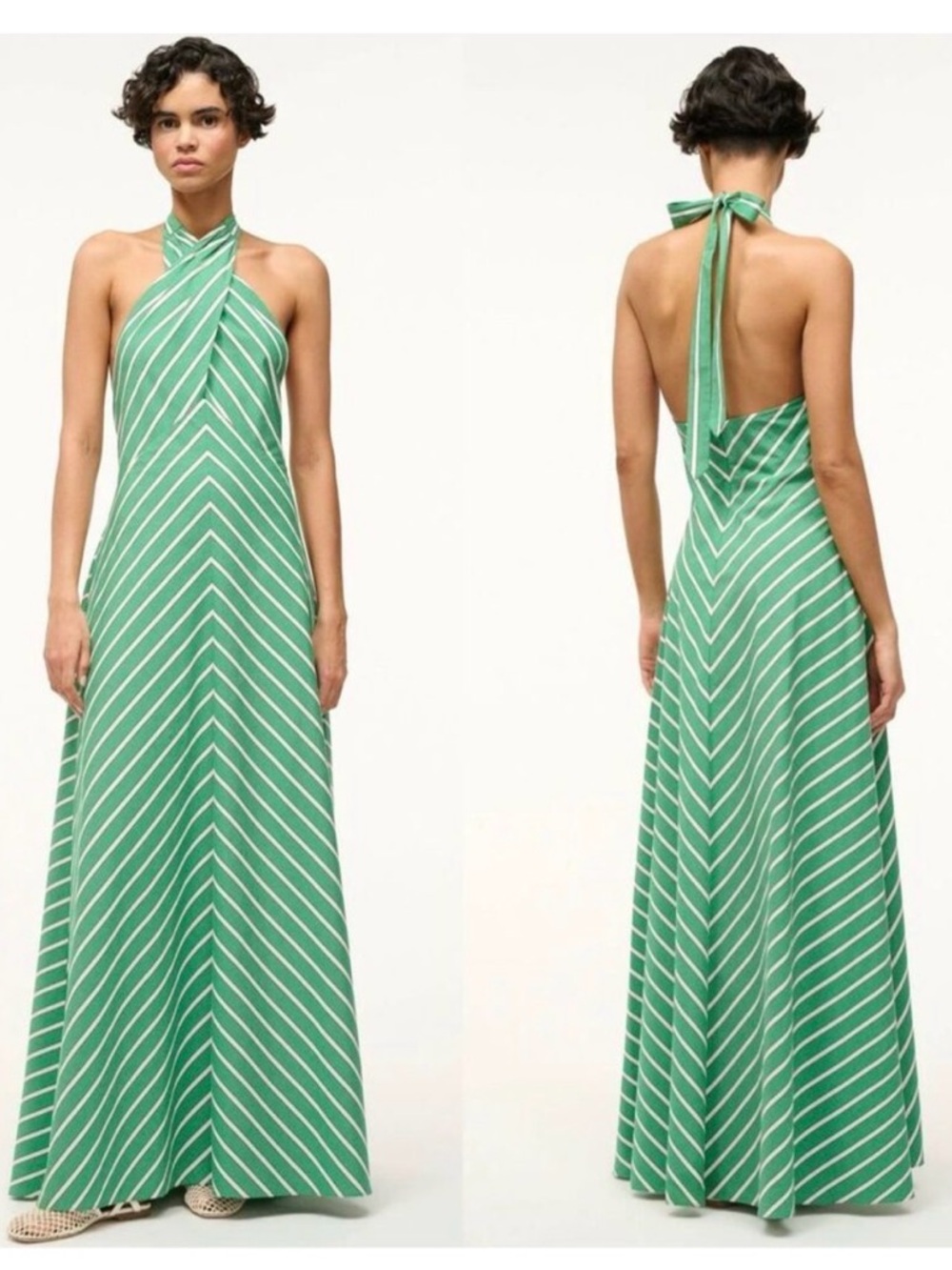 Staud Dawn Green Striped Halter Maxi Dress - Sleeveless